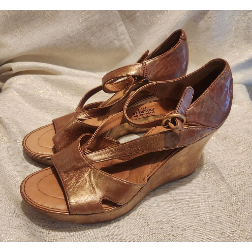 Born Crown Copper Metallic Leather Wedge Sandals High Heel 4" Platform Size 11